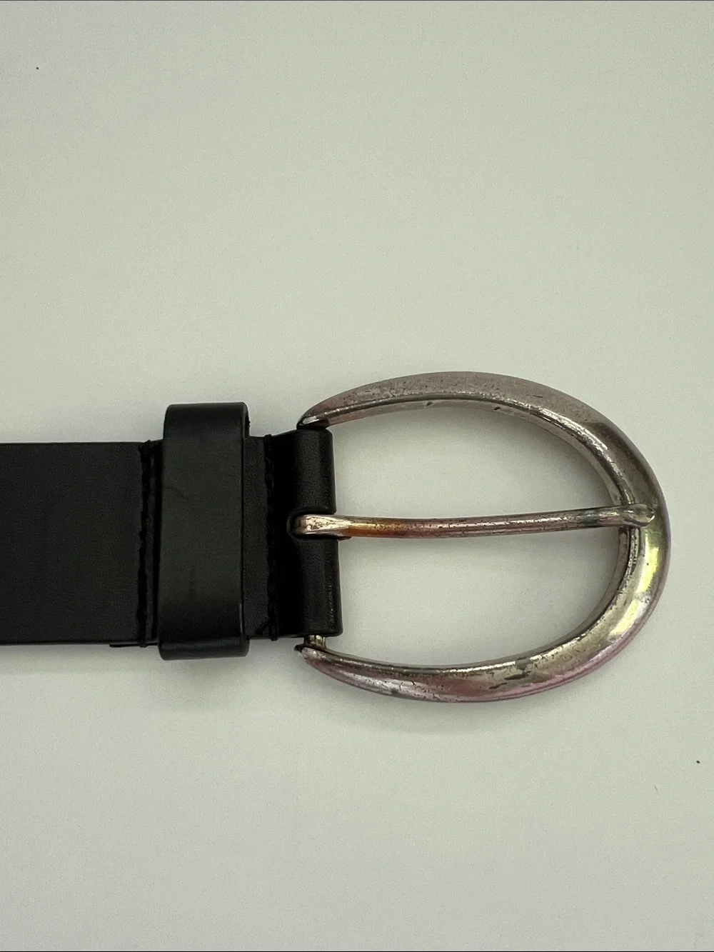 90s Vintage The Limited Black Leather Belt with Oval Silver Distressed Buckle